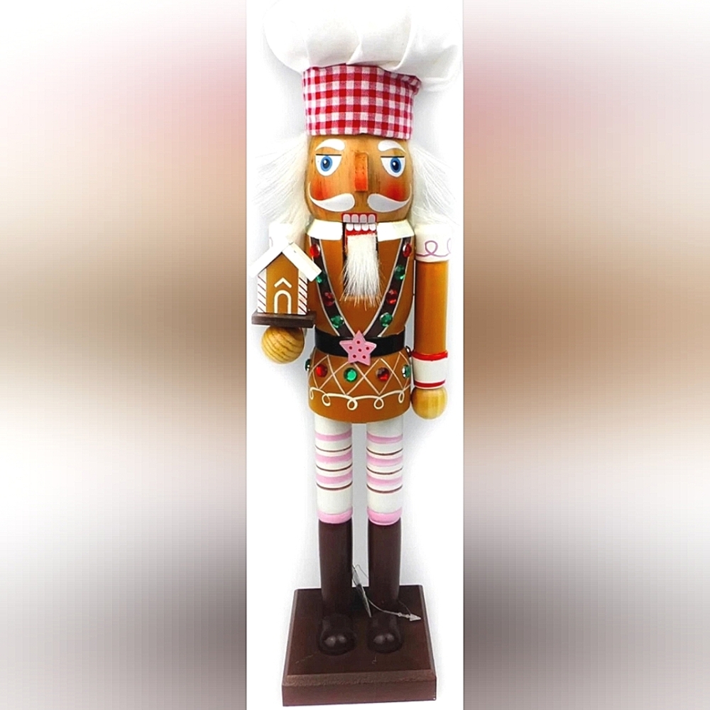 15" Wooden Christmas Gingerbread House Chief Nutcracker Figurine Collectible